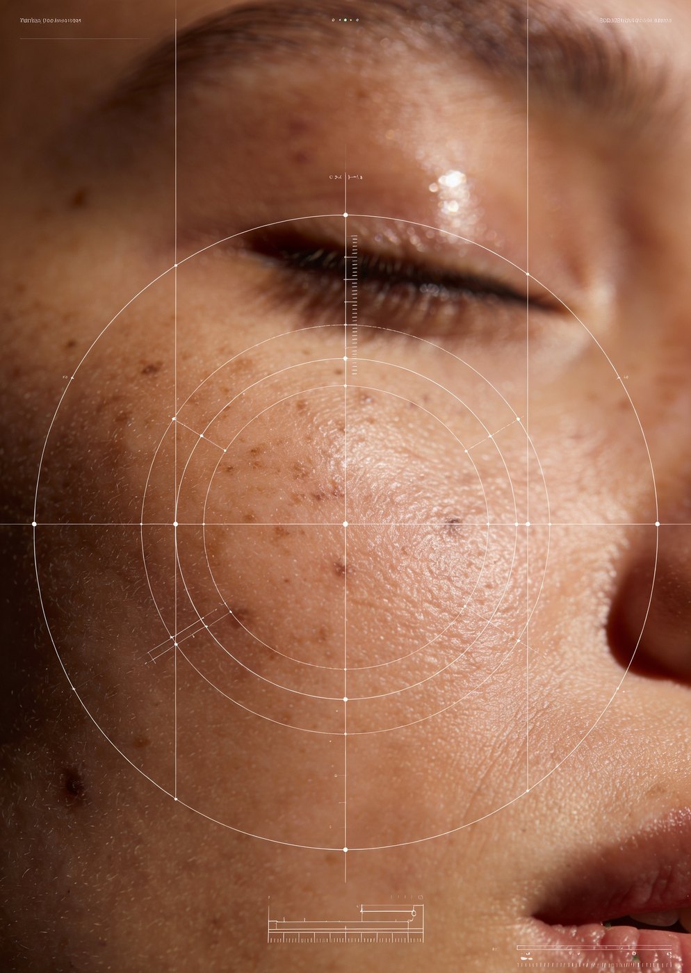 Clinical close-up overlaid with diagnostic measurement geometry — precision as a brand expression in private healthcare